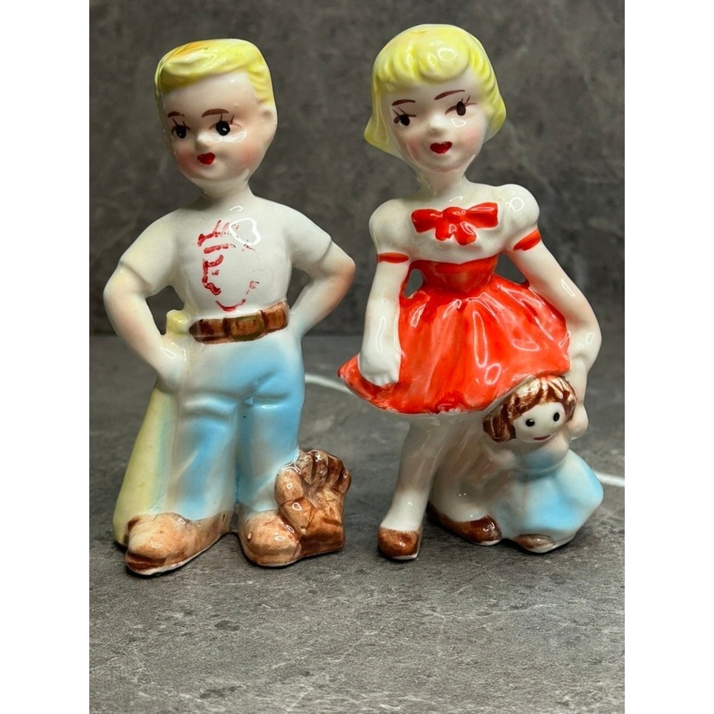 Vintage Ceramic Boy Baseball Player Girl with Doll Salt and Pepper Shakers Japan
